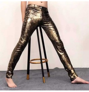 Gold Python jazz dance pants for men youth hot pole dance rapper Singer nightclub stage performance pants elastic waistband leggings gogo dancers dance costumes